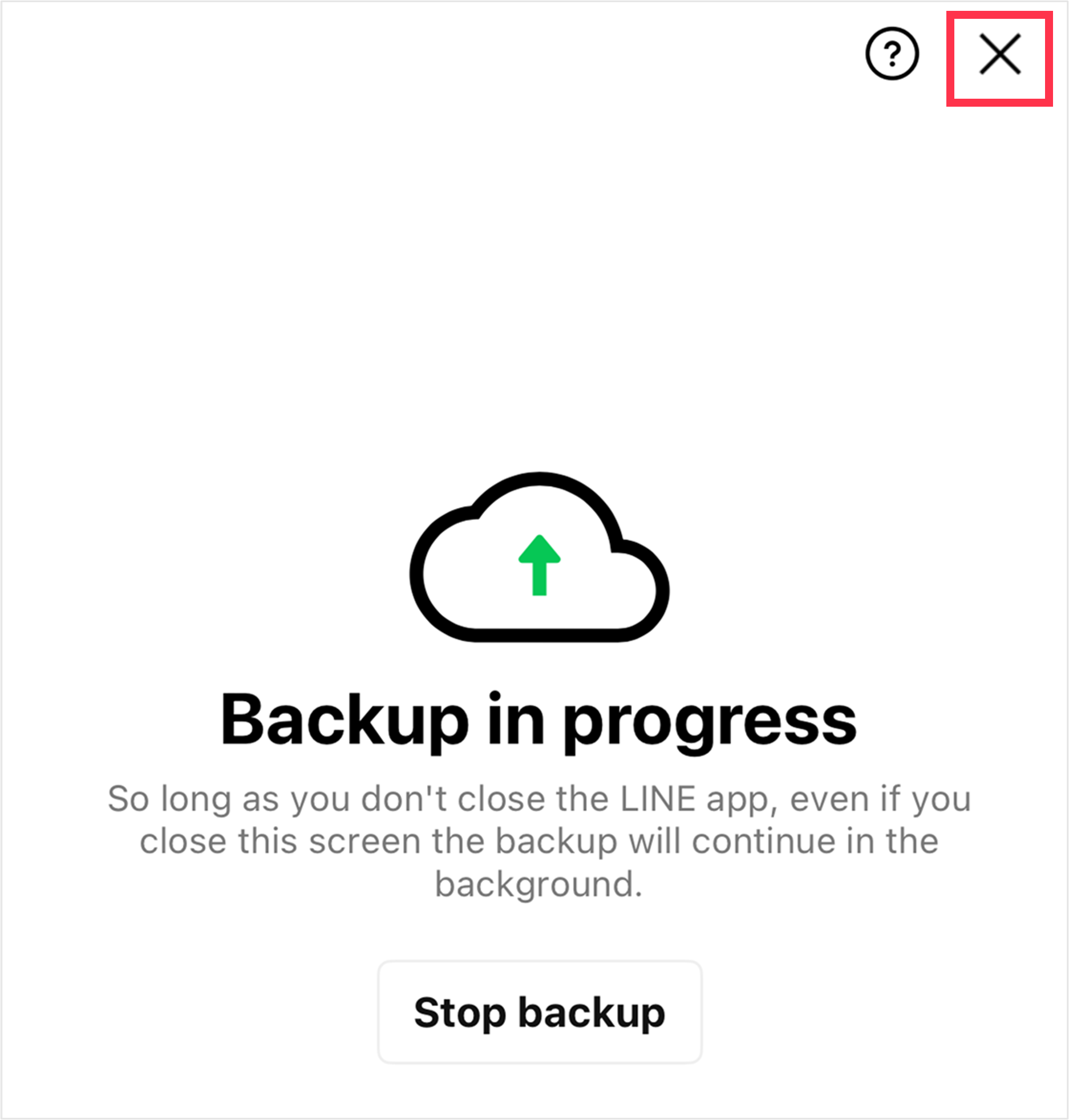 Backup in progress screen
